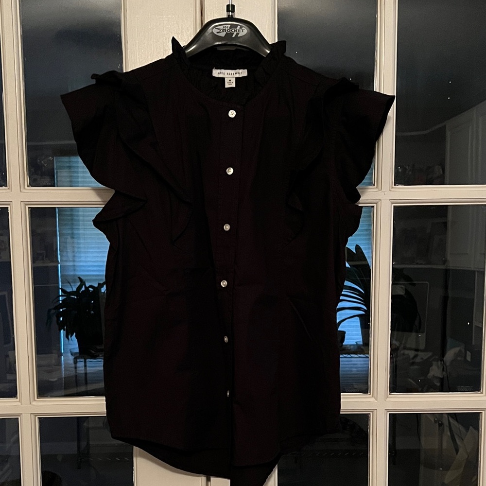 A New Day Ruffle Sleeve Button-Front Blouse in Dark Plum